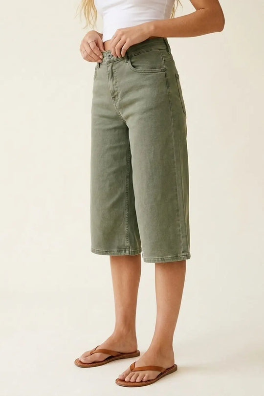 Olive Green Wide-Leg Cropped Denim bermuda Shorts - Pants