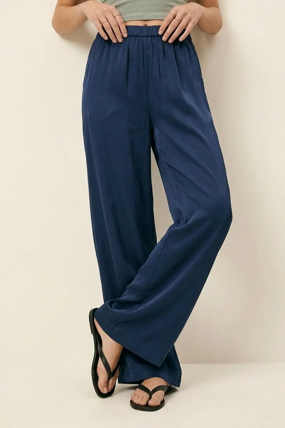 Navy Lightweight Satin Wide Leg Elastic Waist Pants - Pants