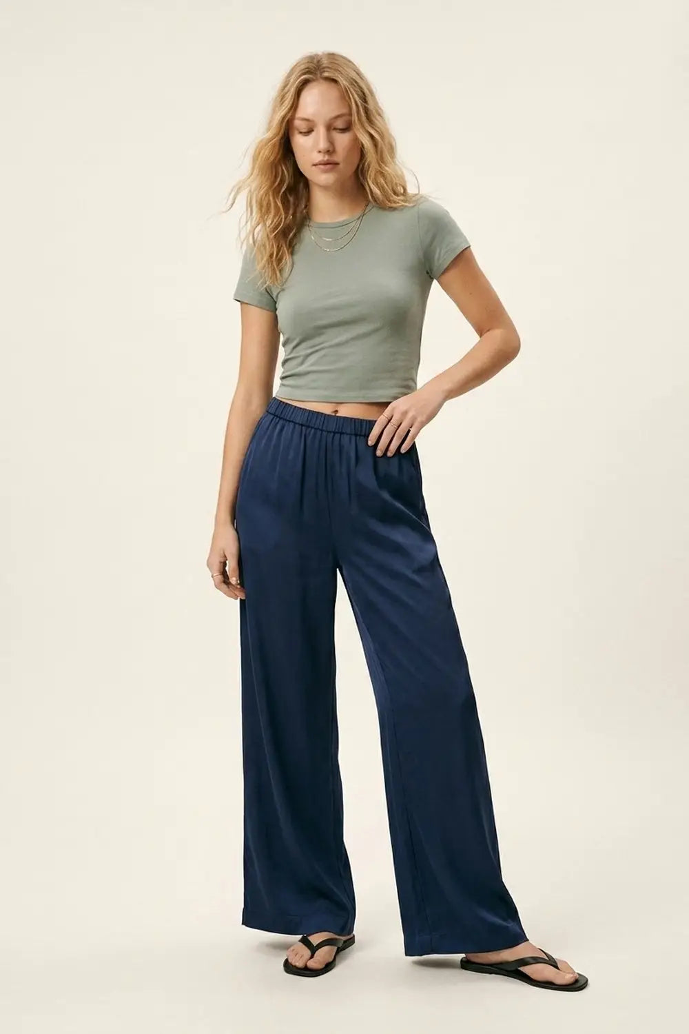 Navy Lightweight Satin Wide Leg Elastic Waist Pants - Pants