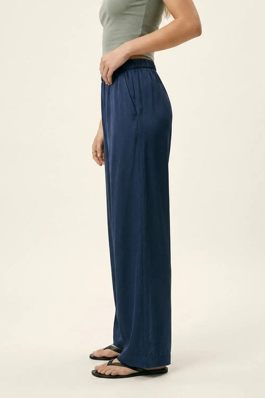 Navy Lightweight Satin Wide Leg Elastic Waist Pants - Pants
