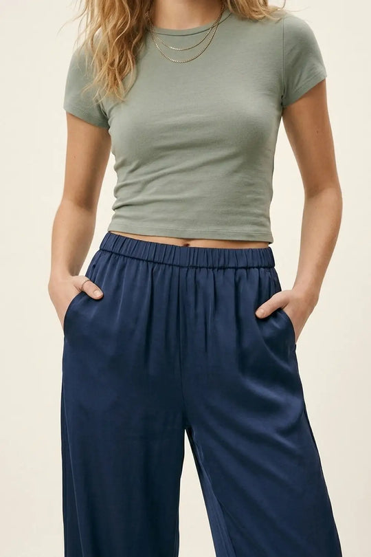 Navy Lightweight Satin Wide Leg Elastic Waist Pants - Pants