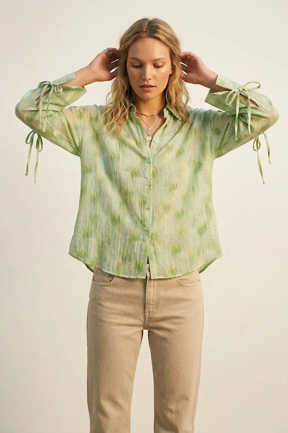 oversized Light Green Tie-Sleeve Button-Up Shirt - Shirts