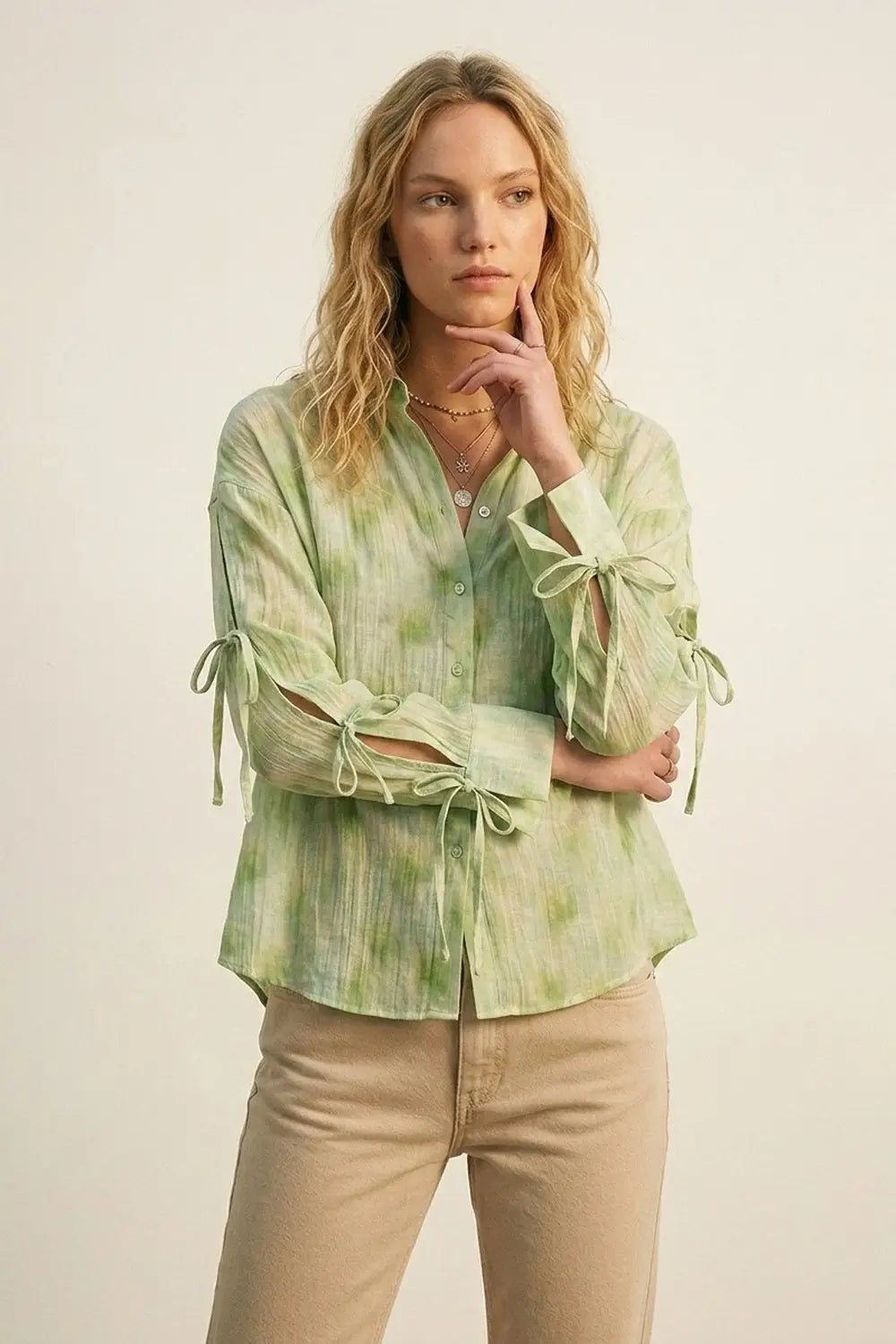 oversized Light Green Tie-Sleeve Button-Up Shirt - Shirts