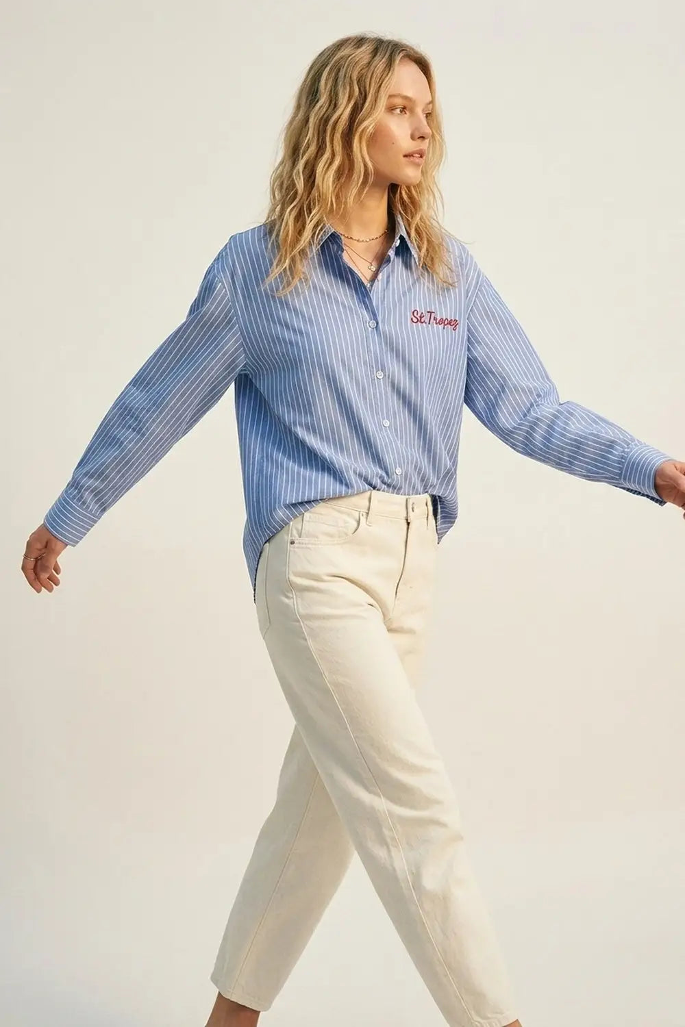 Blue Striped Classic Button-Down Shirt with Embroidery - Shirts