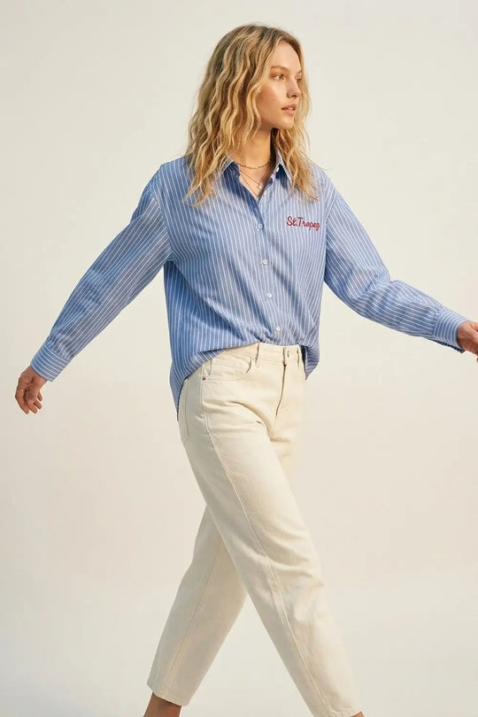 Blue Striped Classic Button-Down Shirt with Embroidery - Shirts