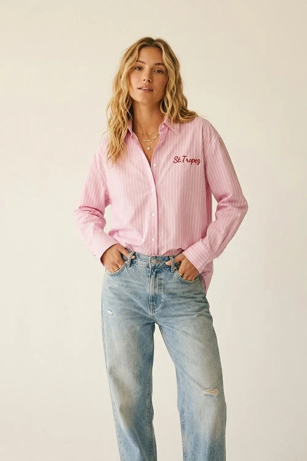 Pink Striped Button-Up Shirt with Embroidered Detail - Shirts