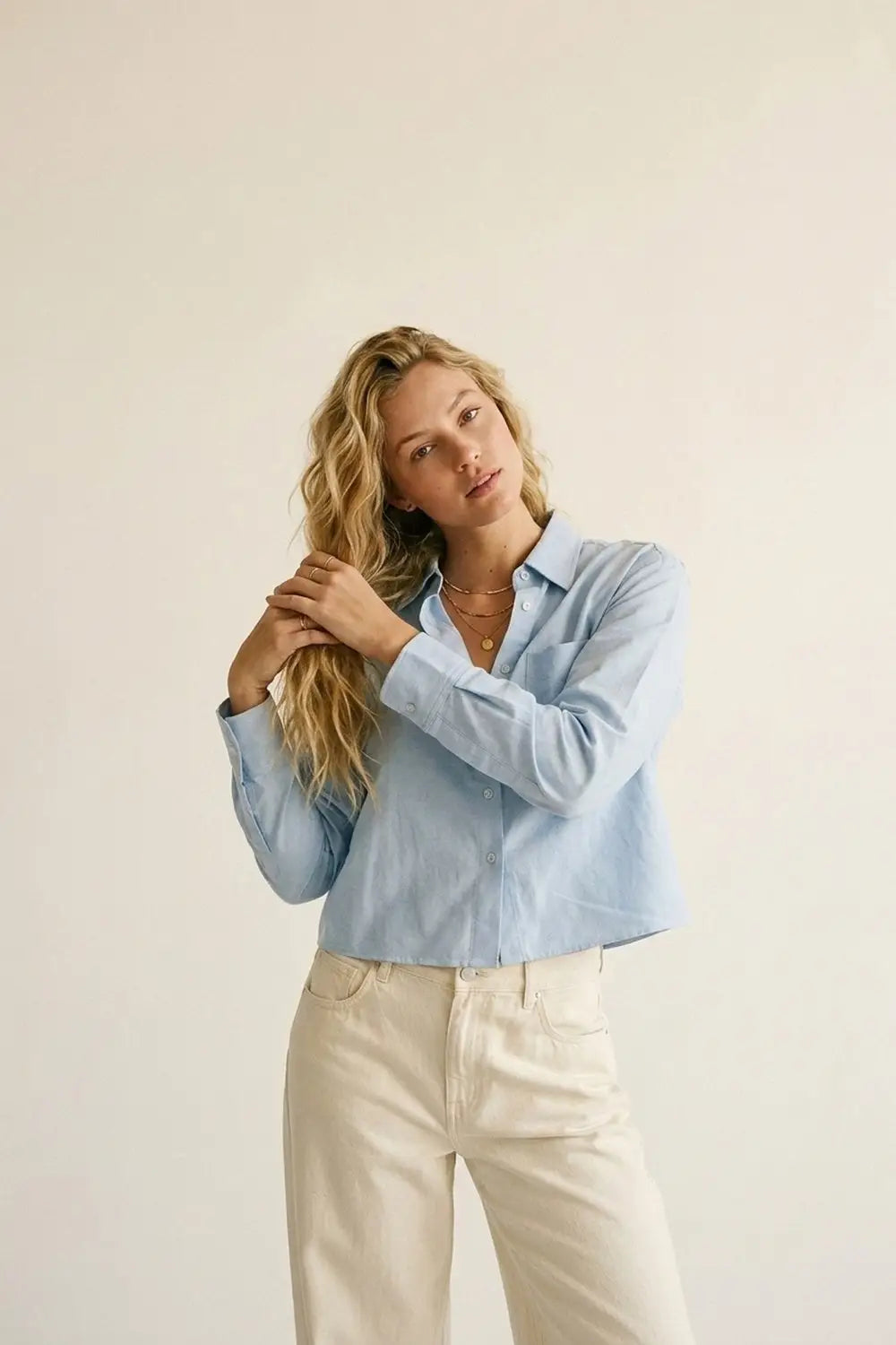 Light Blue Button-Front cropped Shirt in cotton fabric - Shirts