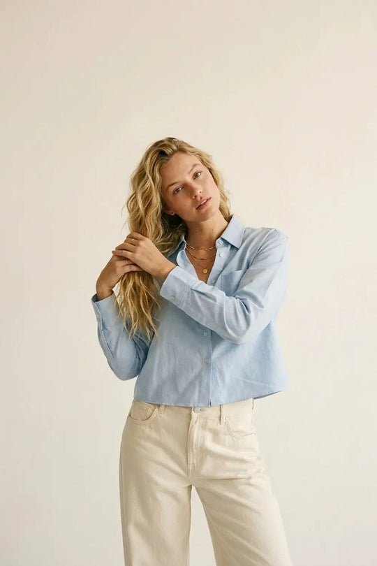 Light Blue Button-Front cropped Shirt in cotton fabric - Shirts