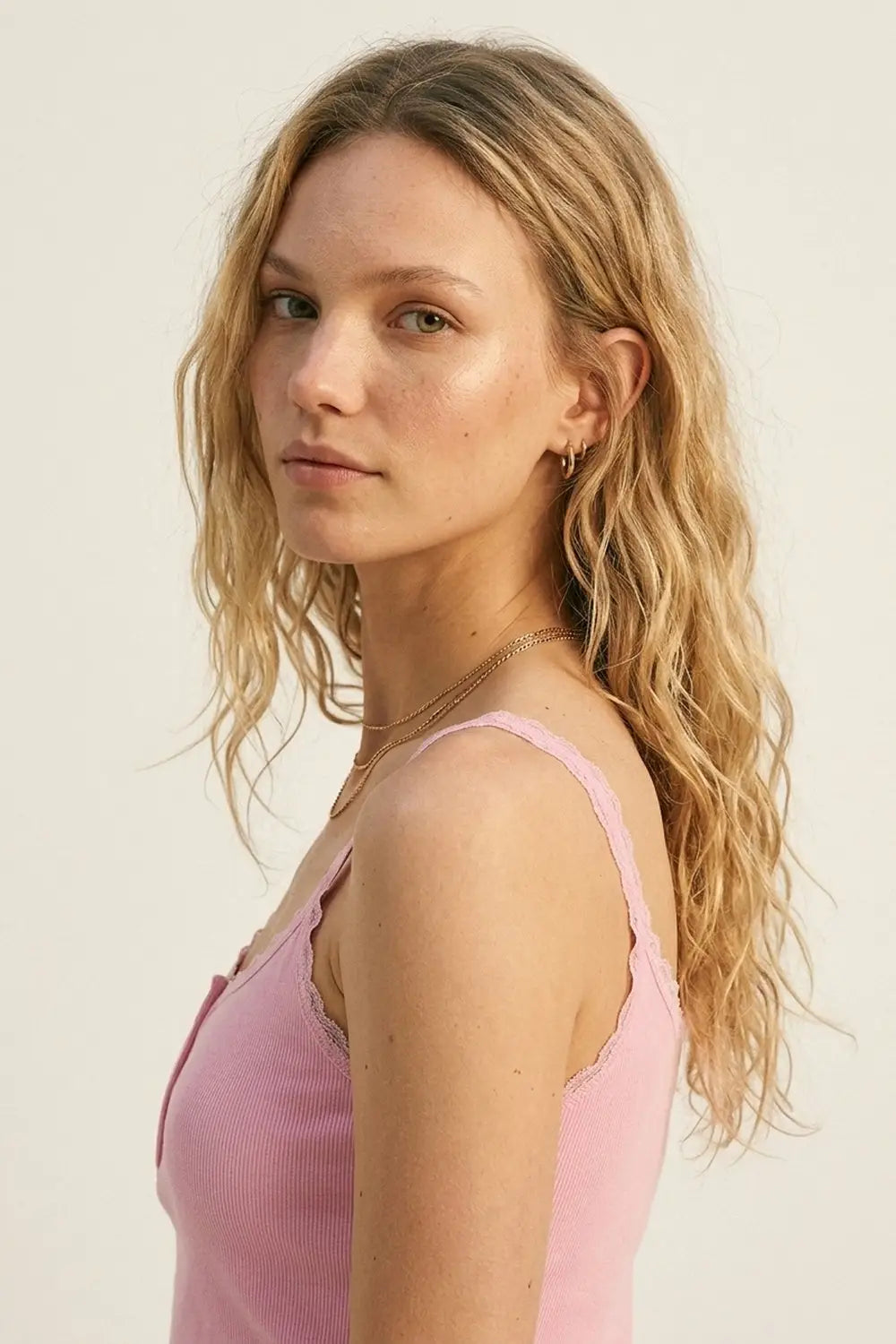 Pink Ribbed Knit Button-Front Cami Tank Top with buttons details - Tops