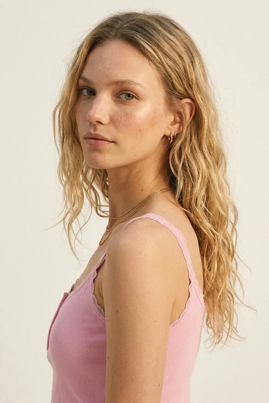 Pink Ribbed Knit Button-Front Cami Tank Top with buttons details - Tops