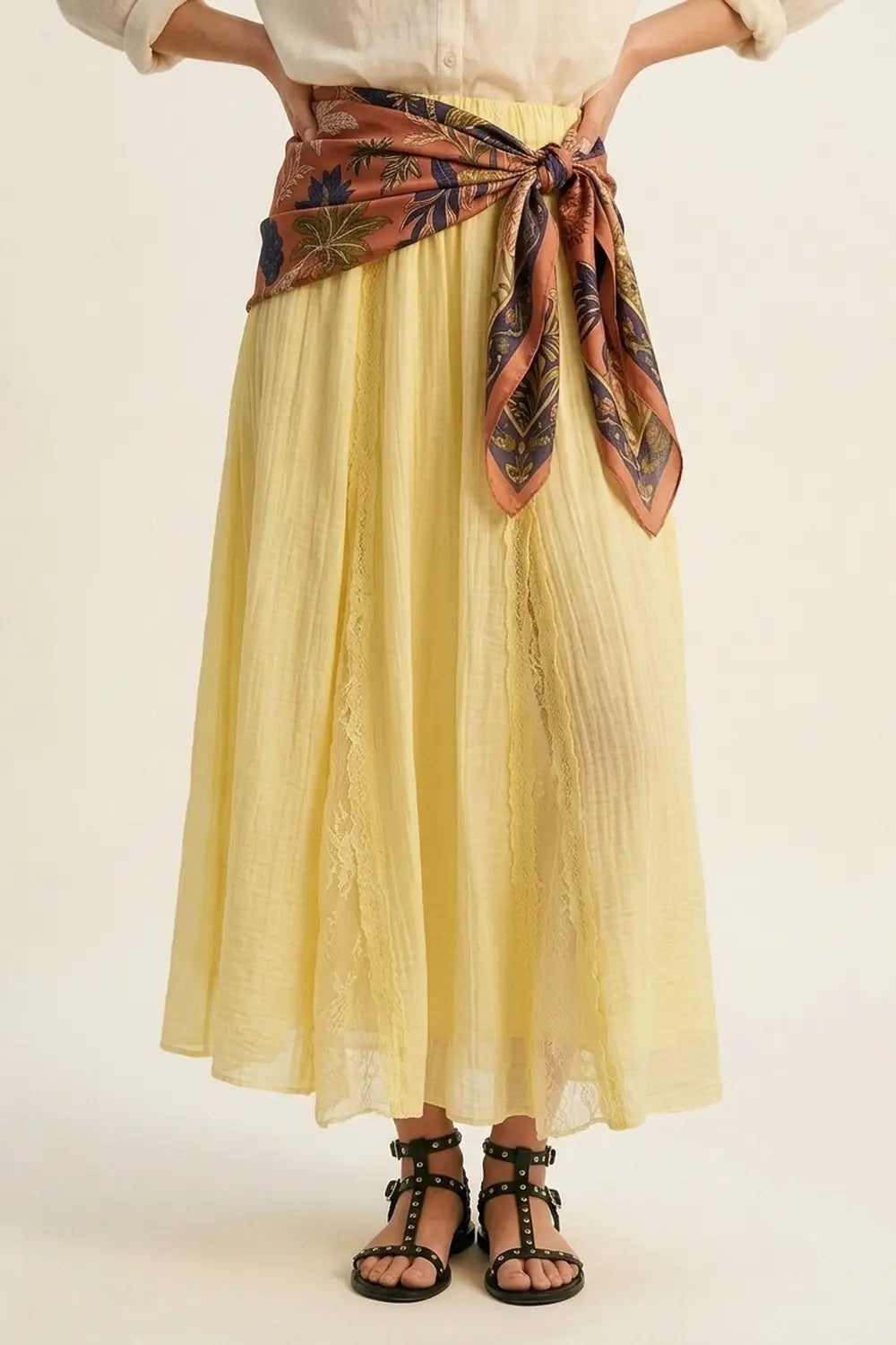 Yellow Sheer Textured A-Line maxi Skirt with lace insert - Skirts