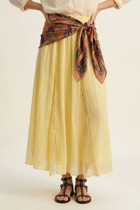 Yellow Sheer Textured A-Line maxi Skirt with lace insert - Skirts