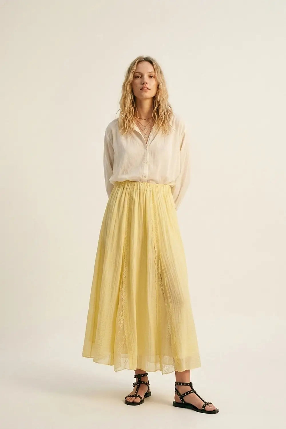 Yellow Sheer Textured A-Line maxi Skirt with lace insert - Skirts