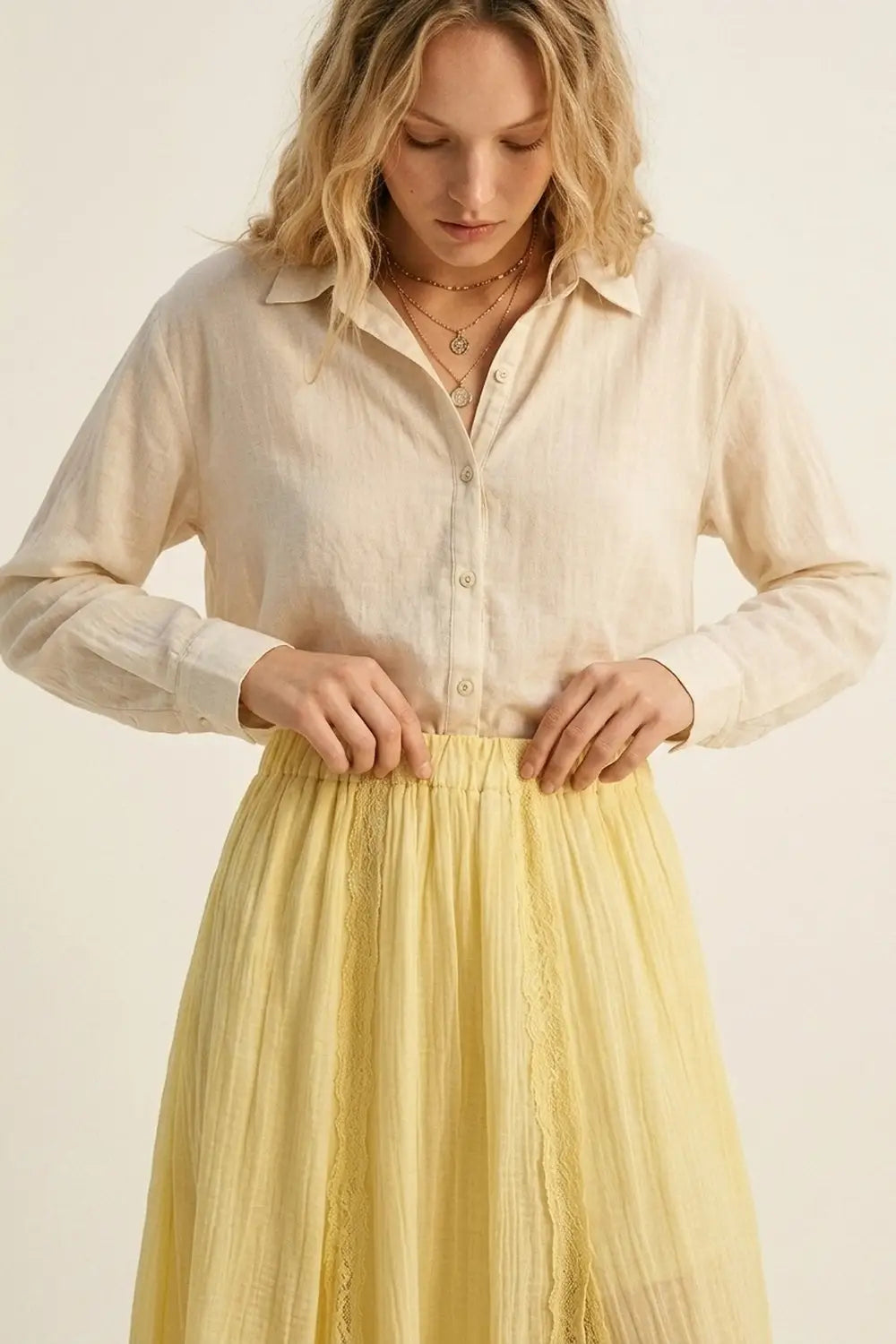 Yellow Sheer Textured A-Line maxi Skirt with lace insert - Skirts