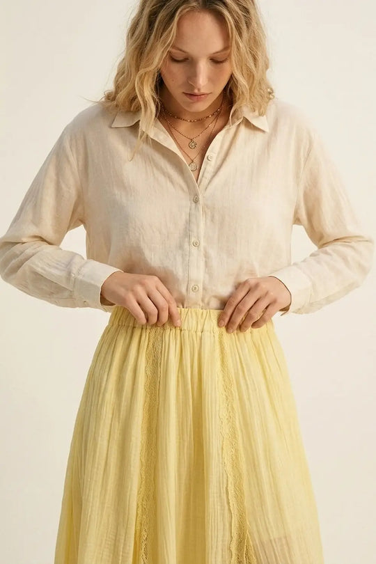 Yellow Sheer Textured A-Line maxi Skirt with lace insert - Skirts