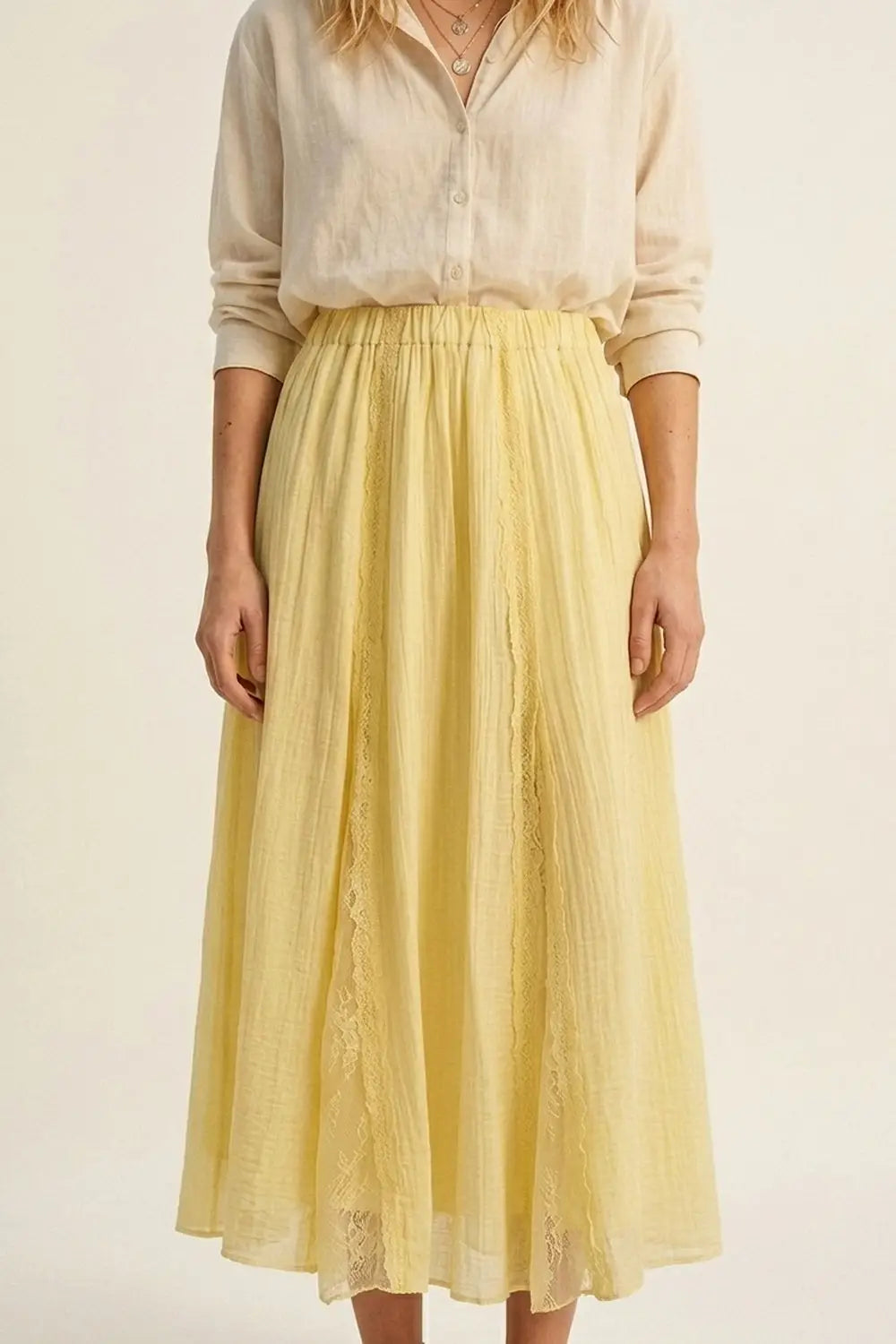 Yellow Sheer Textured A-Line maxi Skirt with lace insert - Skirts