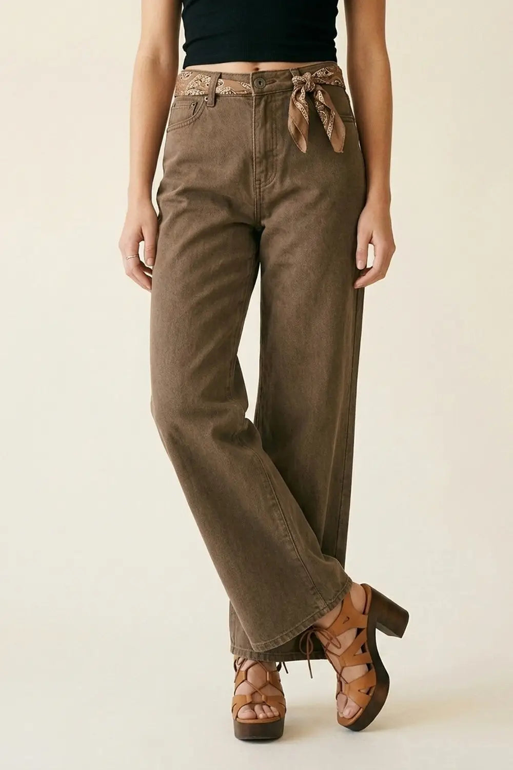 Brown Wide-Leg Casual Cotton Denim Pants - Colored Jeans