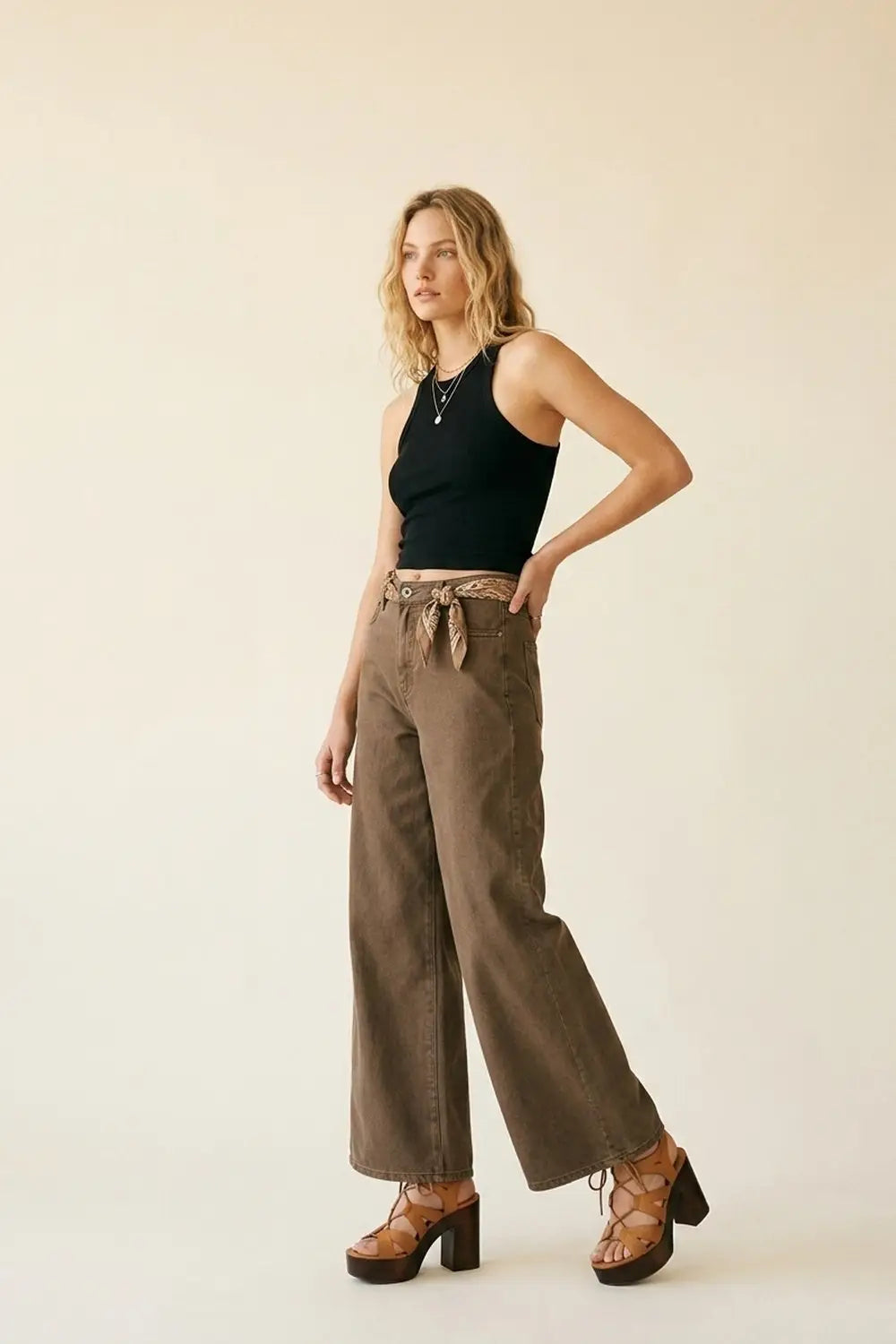 Brown Wide-Leg Casual Cotton Denim Pants - Colored Jeans