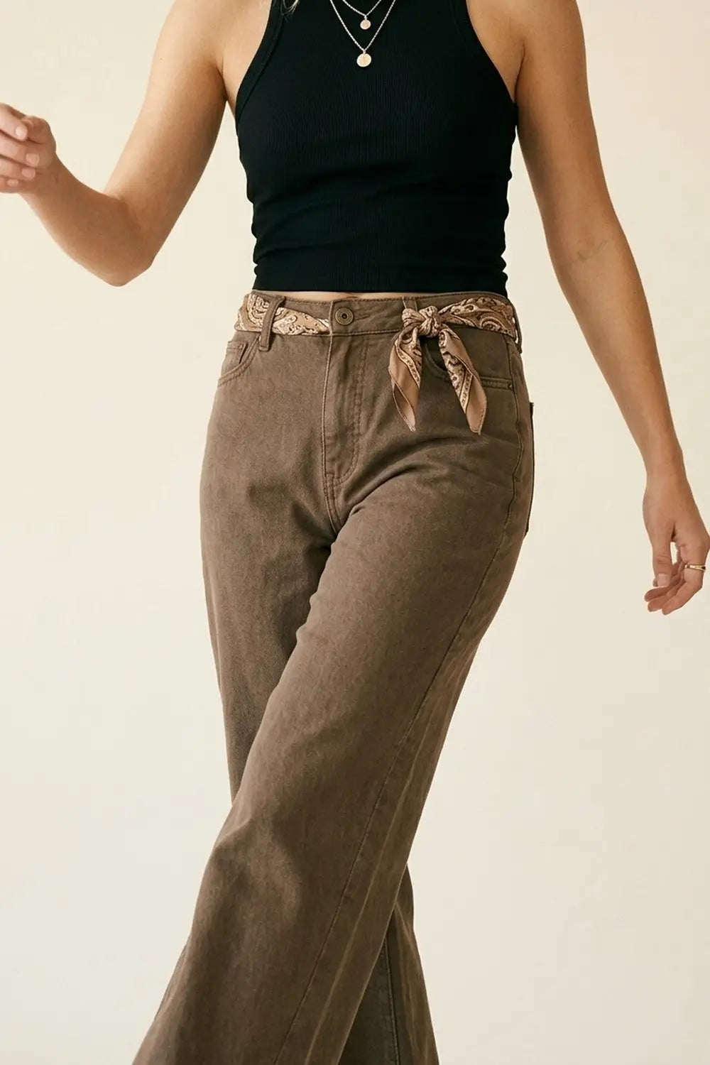 Brown Wide-Leg Casual Cotton Denim Pants - Colored Jeans