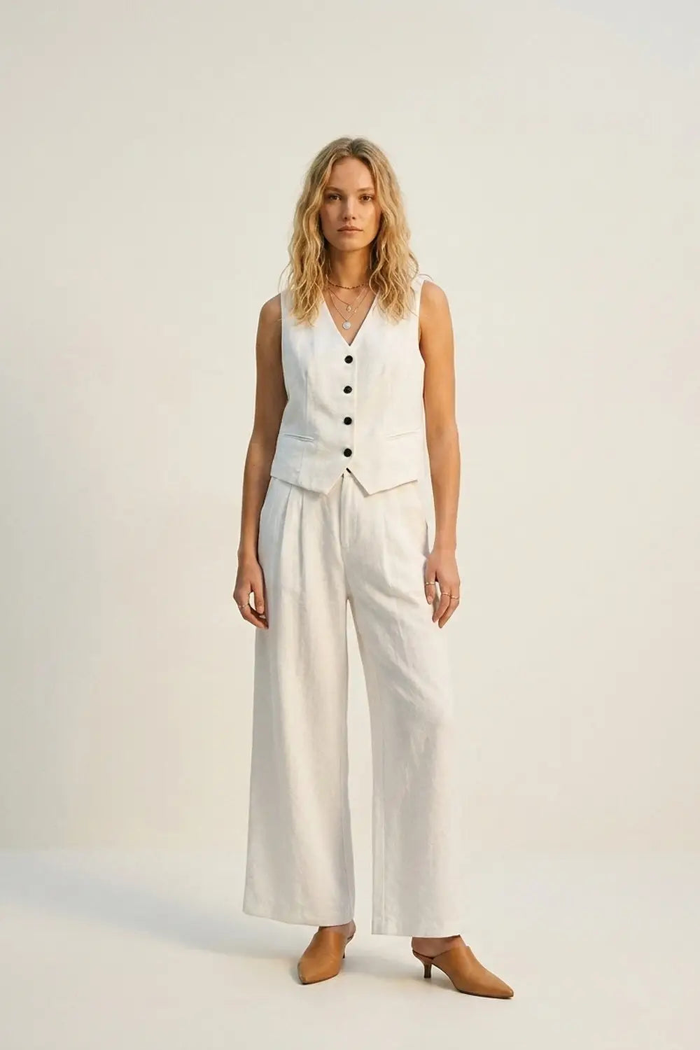 White Wide-Leg Front Pleat Summery Pants - Pants