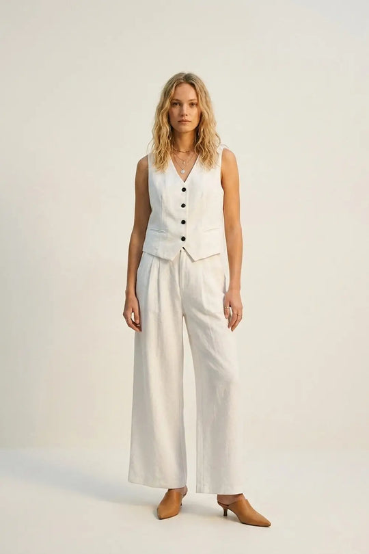White Wide-Leg Front Pleat Summery Pants - Pants