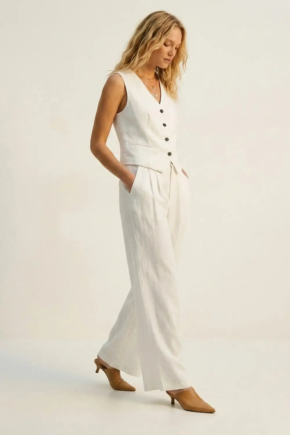 White Wide-Leg Front Pleat Summery Pants - Pants