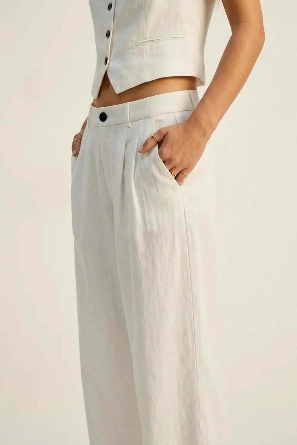 White Wide-Leg Front Pleat Summery Pants - Pants