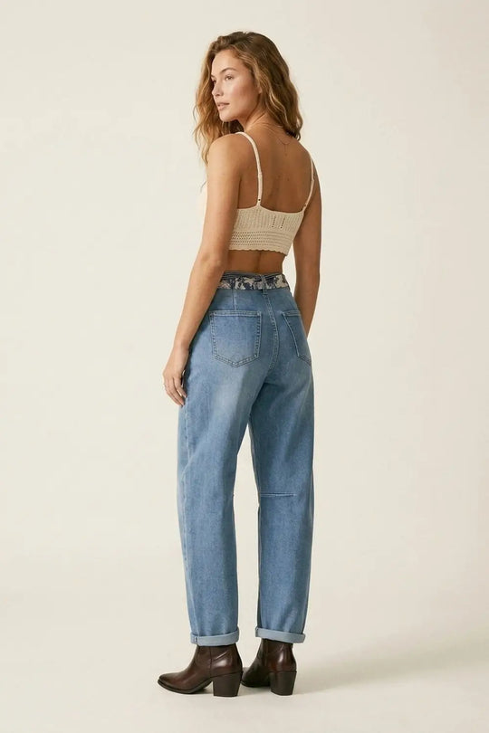 Light Wash Barrel Leg Jeans With Knee Seam Detail