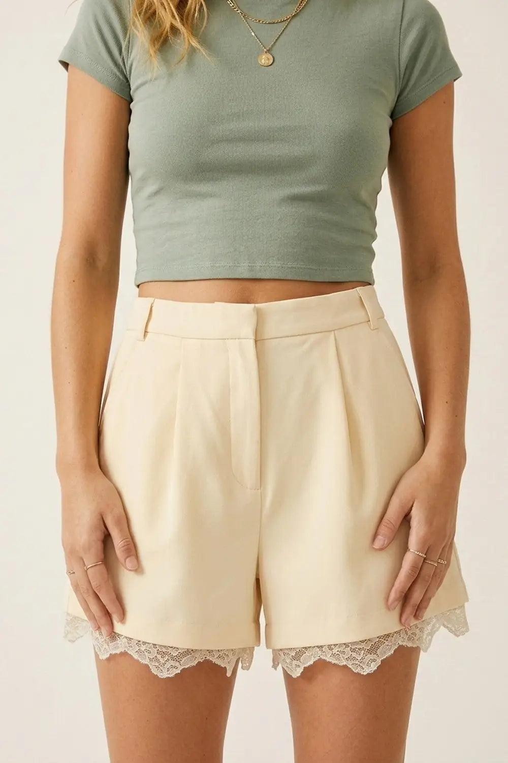 butter yellow Tailored Shorts with Lace Trim Detail - Pants