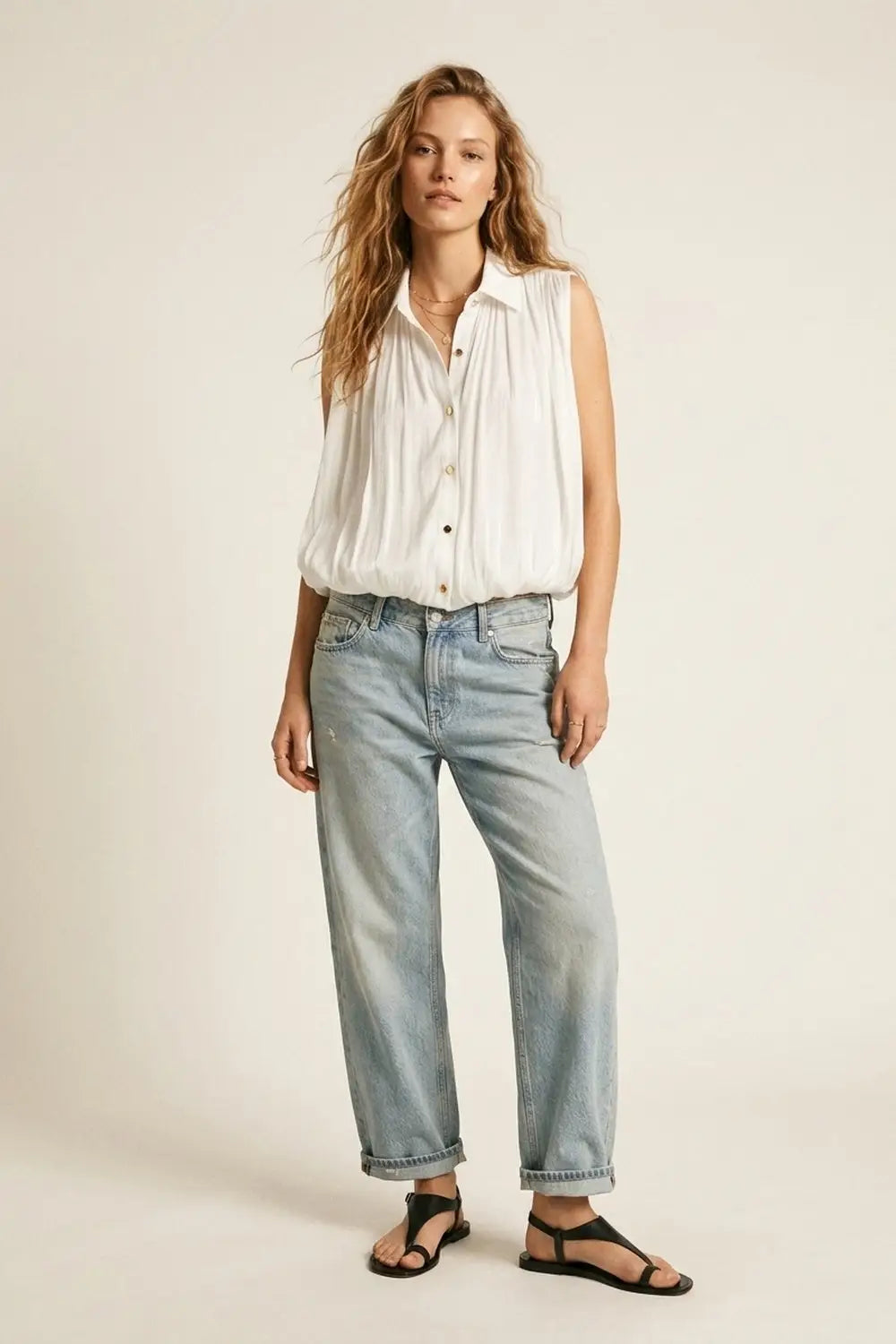 white Gathered at Hem Blouse With Gold Buttons - Shirts