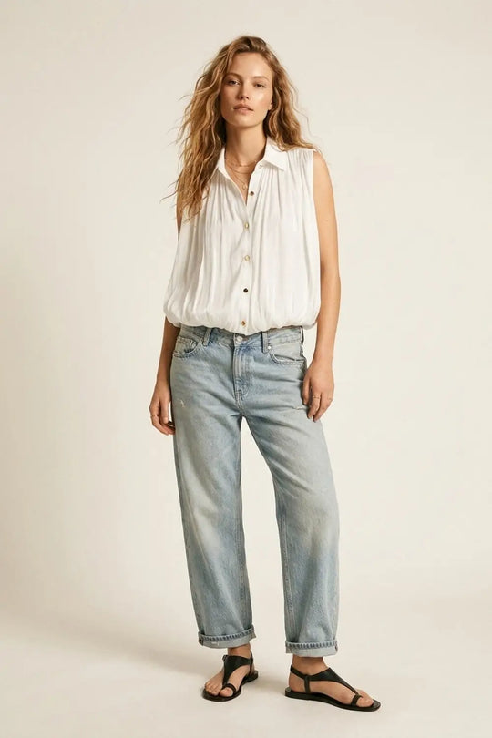 white Gathered at Hem Blouse With Gold Buttons - Shirts