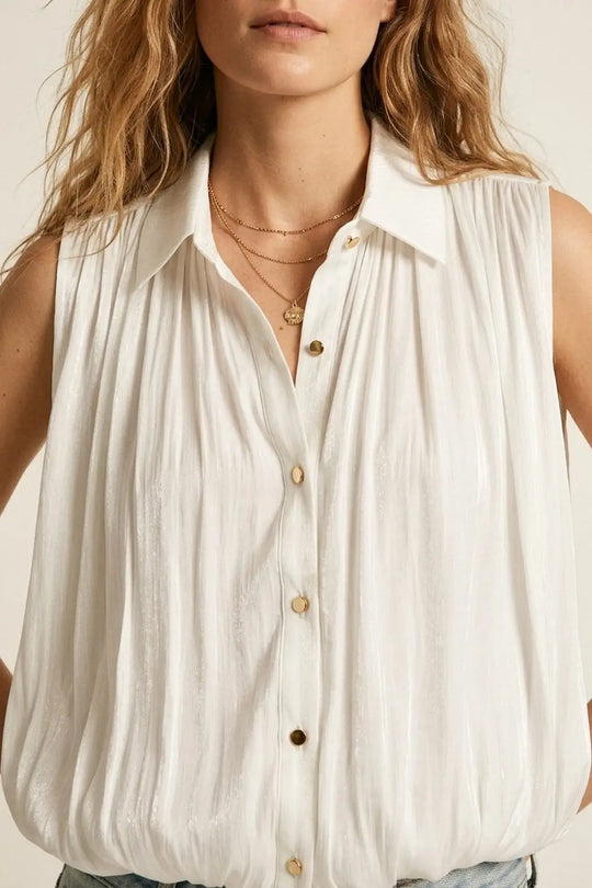 white Gathered at Hem Blouse With Gold Buttons - Shirts