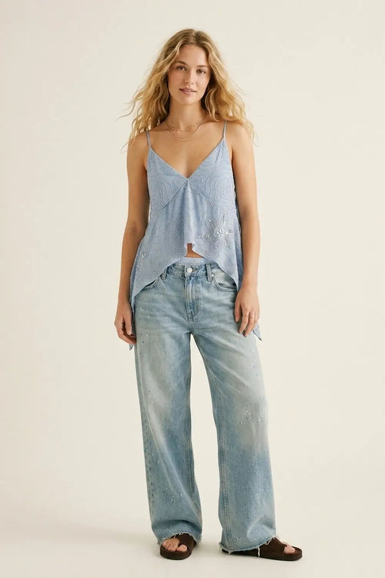 Light Blue chiffon Asymmetric Hem Top with Beaded embellishment - Tops