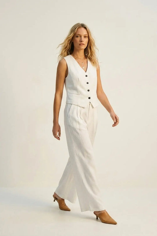 White Textured Vest with black Button-Front - Tops