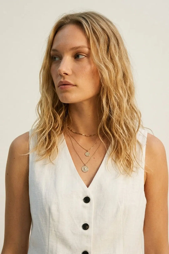 White Textured Vest with black Button-Front - Tops