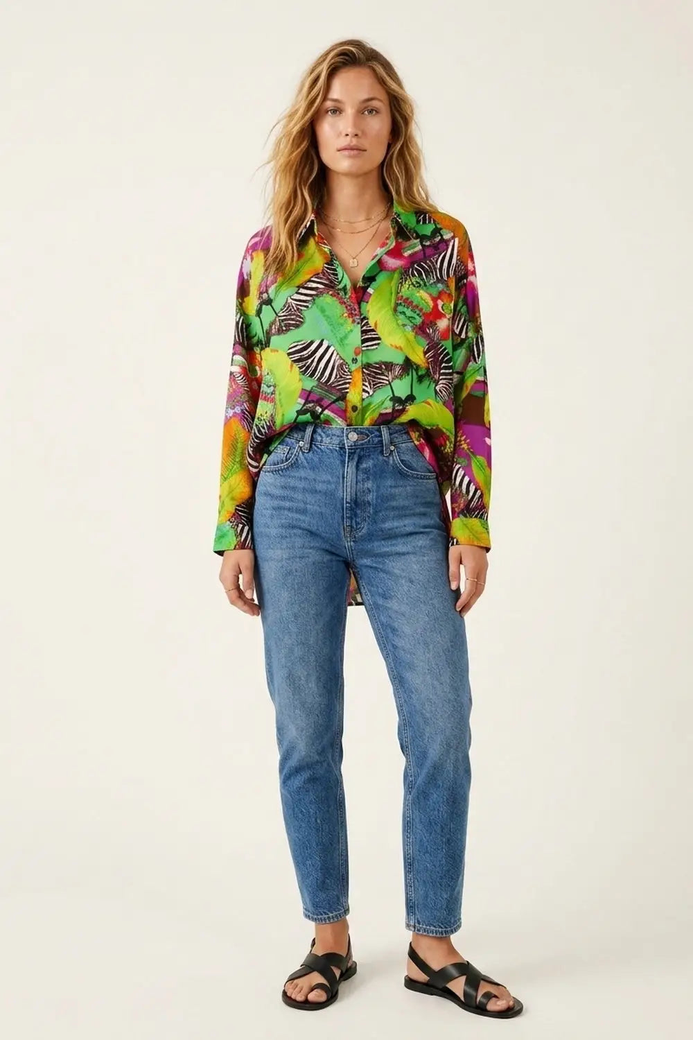 Multi Green Vibrant Tropical Print Button-Up Shirt in satin fabric - Shirts