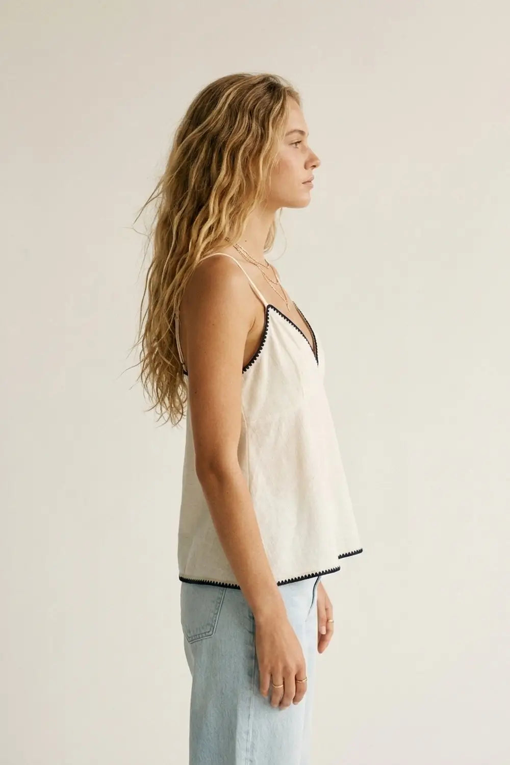 white Lightweight Cami with zig-zag navy Trim - Tops