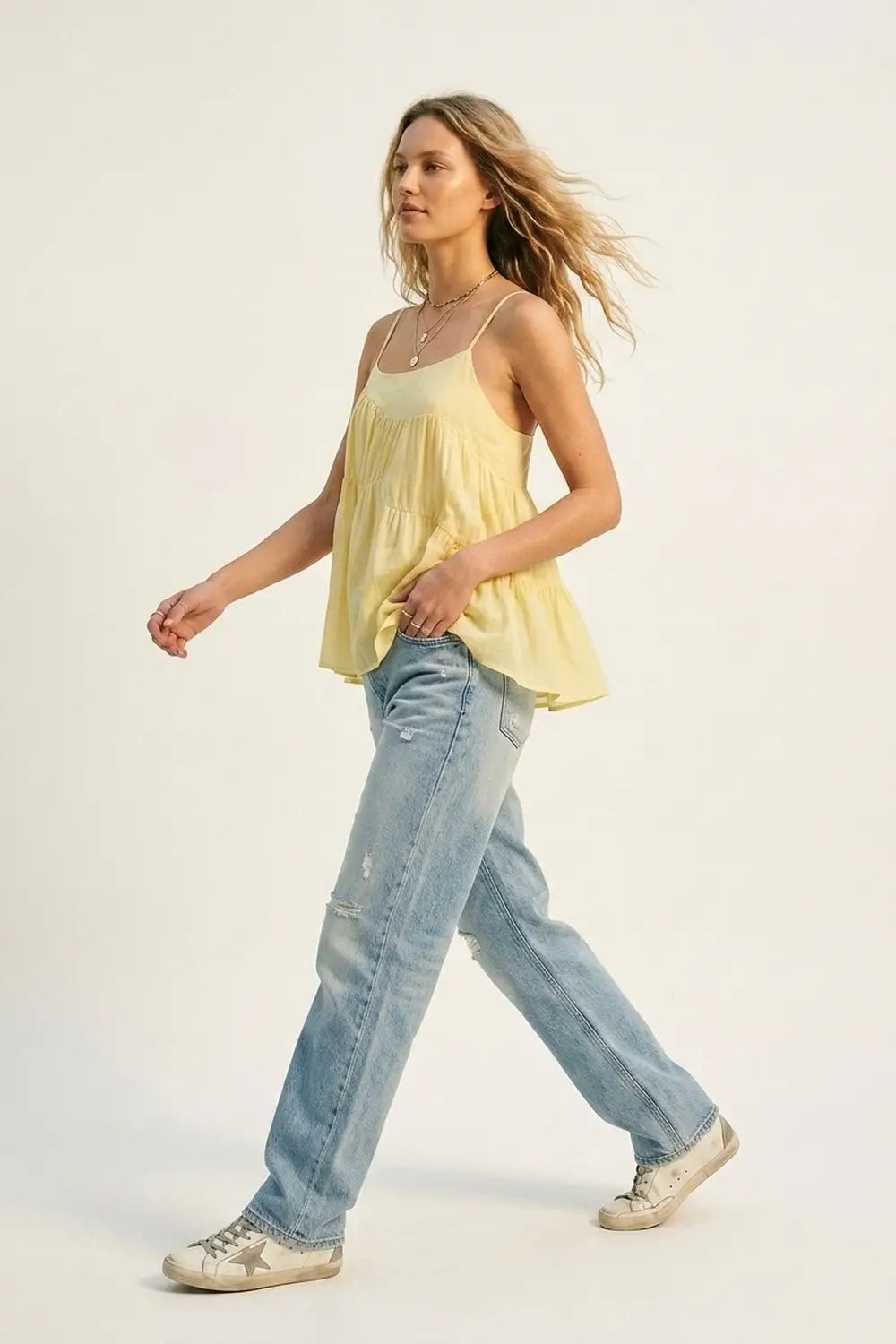 butter Yellow Lightweight Tiered Spaghetti Strap Asymmetric top - Tops