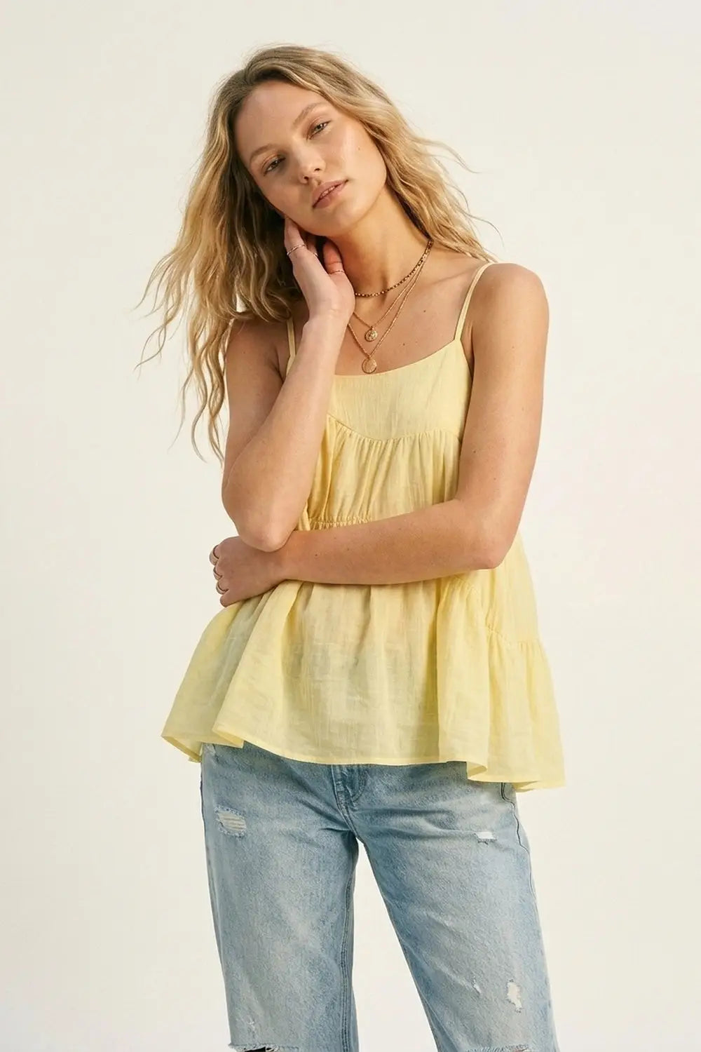 butter Yellow Lightweight Tiered Spaghetti Strap Asymmetric top - Tops