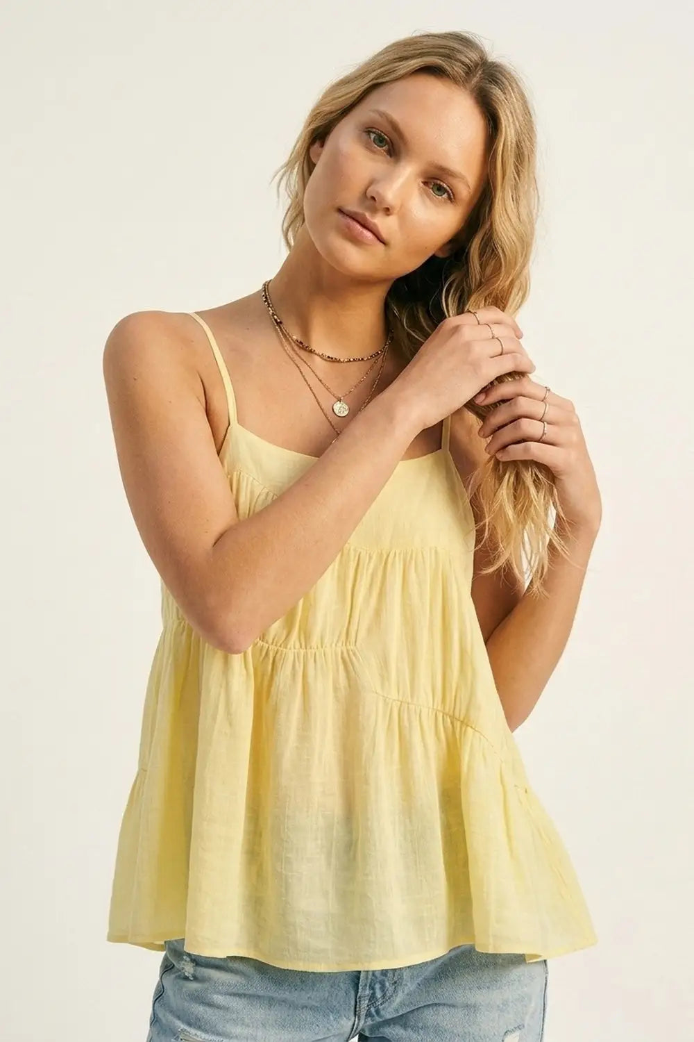 butter Yellow Lightweight Tiered Spaghetti Strap Asymmetric top - Tops