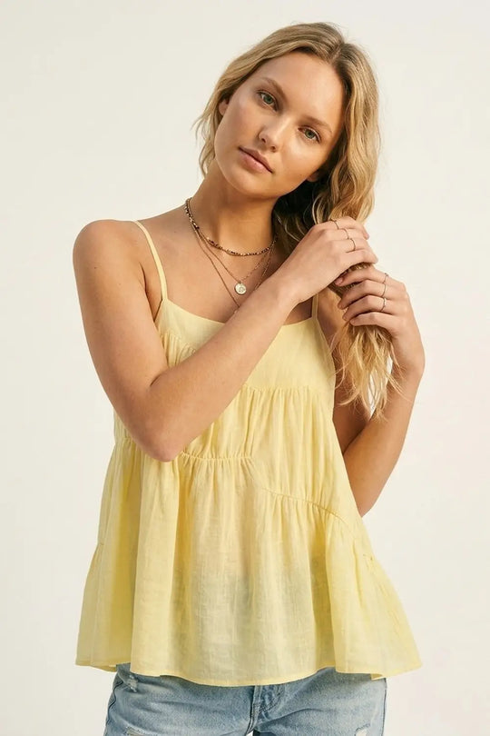 butter Yellow Lightweight Tiered Spaghetti Strap Asymmetric top - Tops