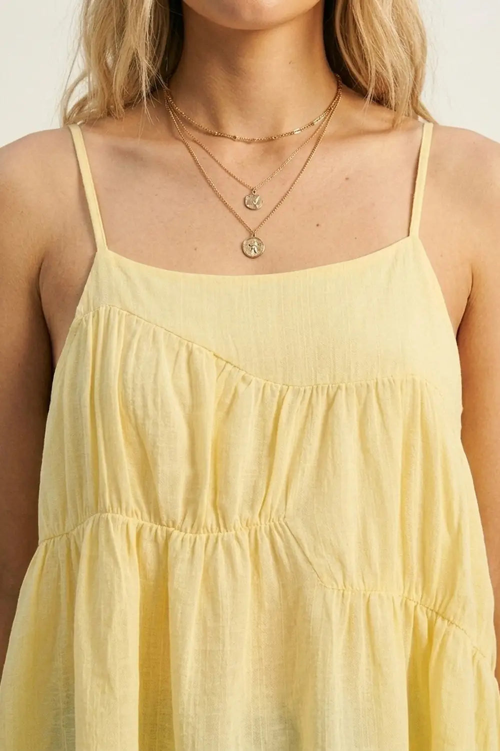 butter Yellow Lightweight Tiered Spaghetti Strap Asymmetric top - Tops