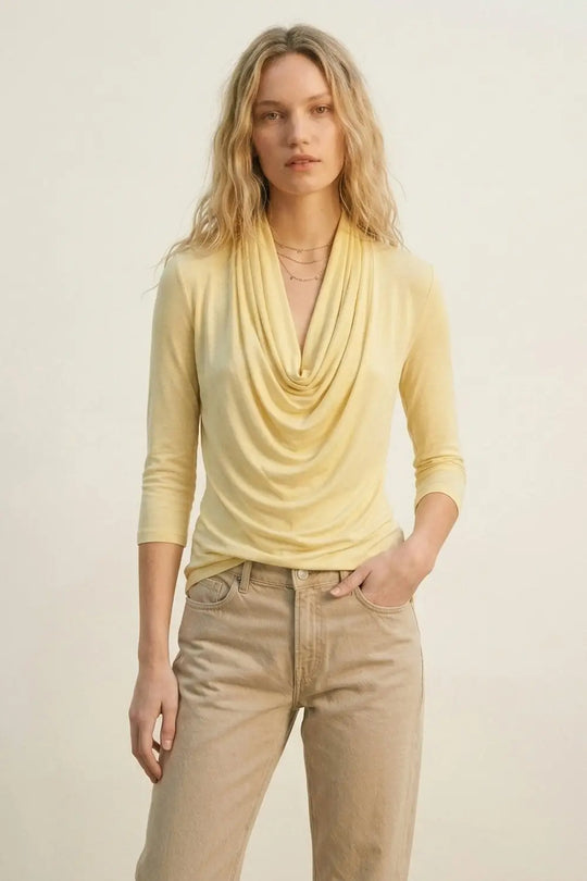 butter yellow front draped top with 3/4 sleeve - Tops