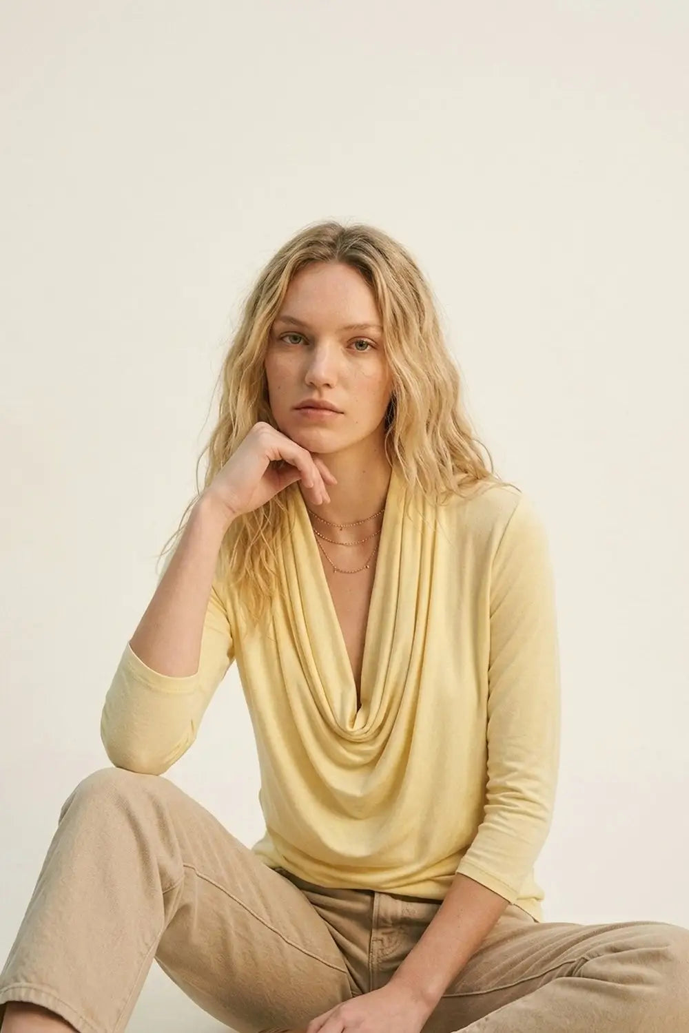 butter yellow front draped top with 3/4 sleeve - Tops