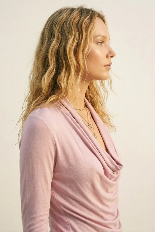 Pink three-quarter sleeve top with front draping and lightweight fabric - Tops