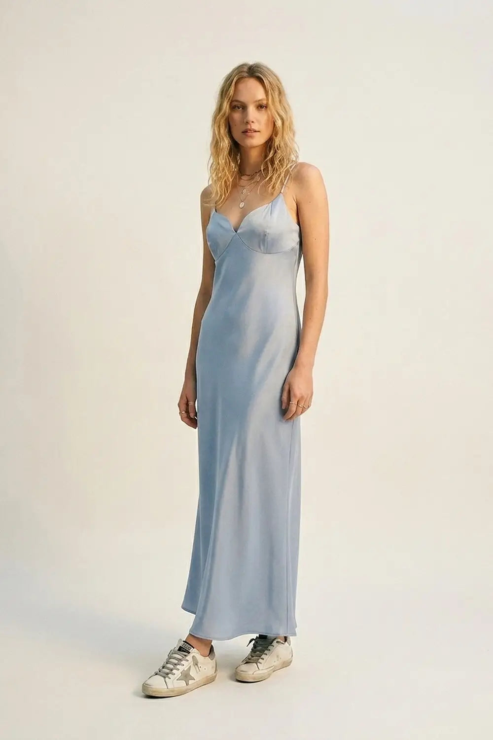 Light Blue Satin Slip maxi Dress with Spaghetti Straps - Dresses