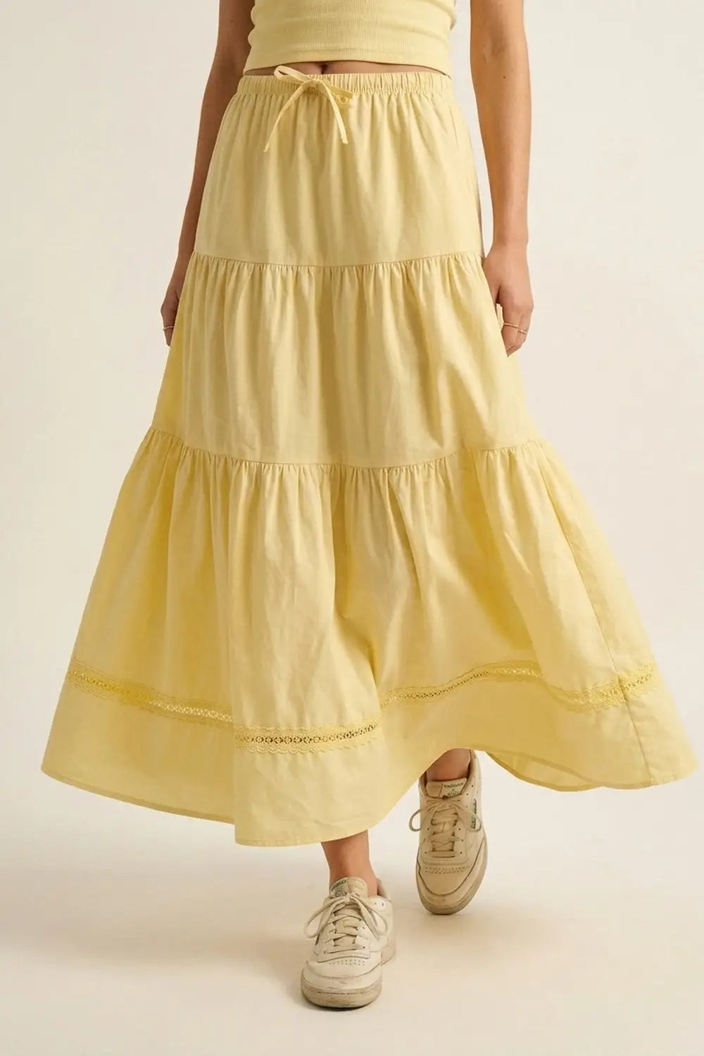 Yellow Poplin Maxi Skirt with Lace Detail - Skirts