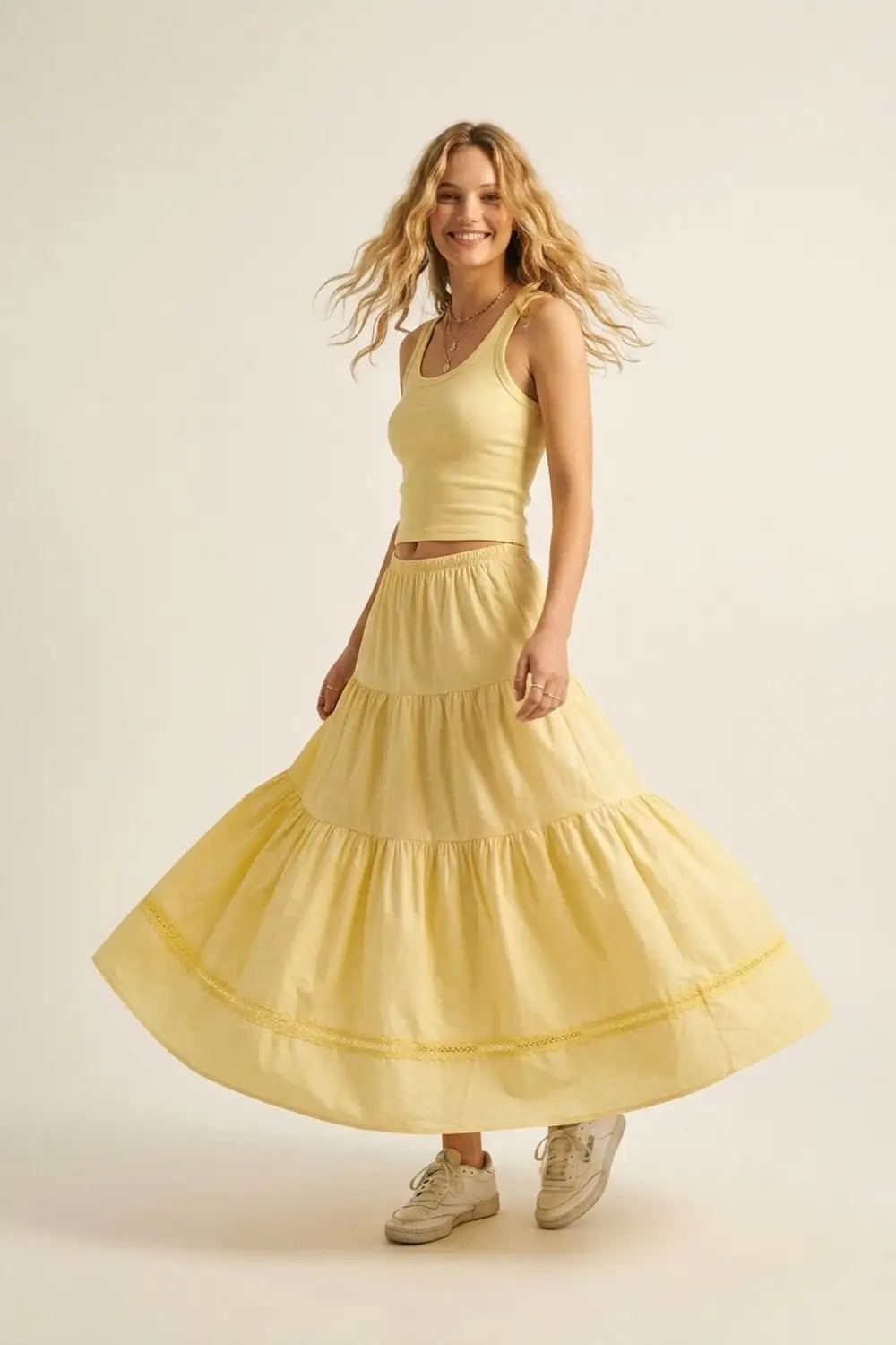 Yellow Poplin Maxi Skirt with Lace Detail - Skirts