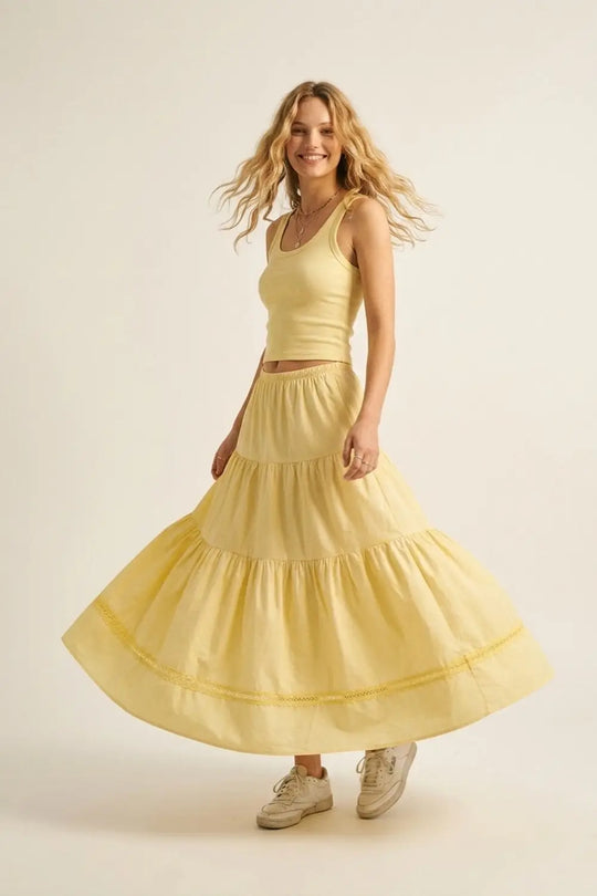 Yellow Poplin Maxi Skirt with Lace Detail - Skirts