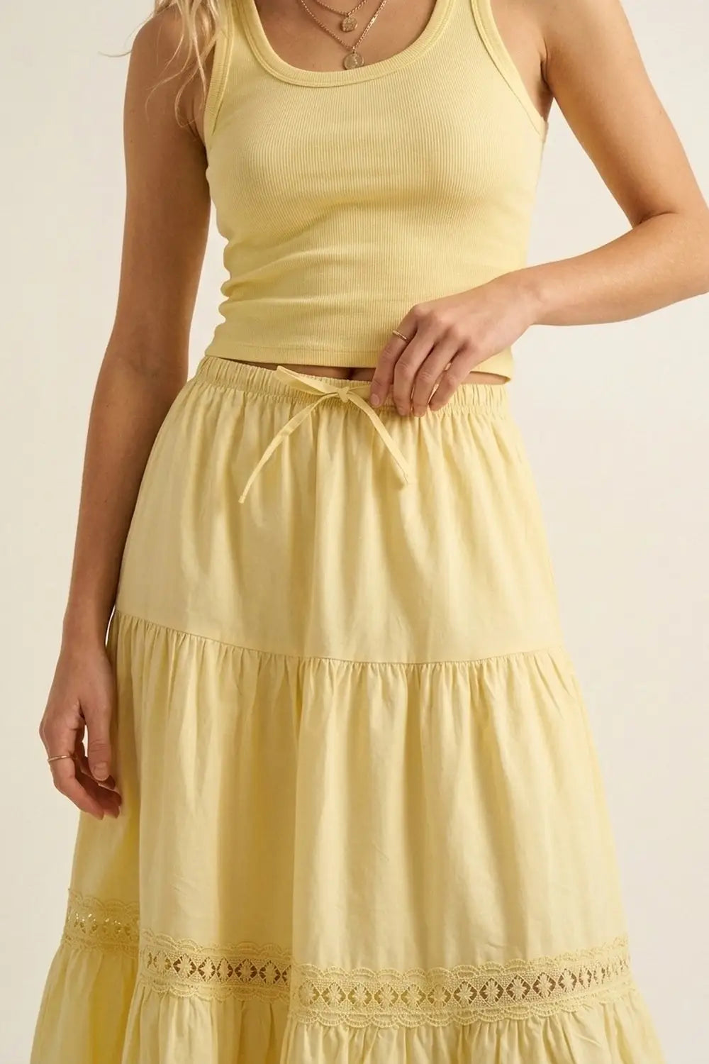 Yellow Poplin Maxi Skirt with Lace Detail - Skirts